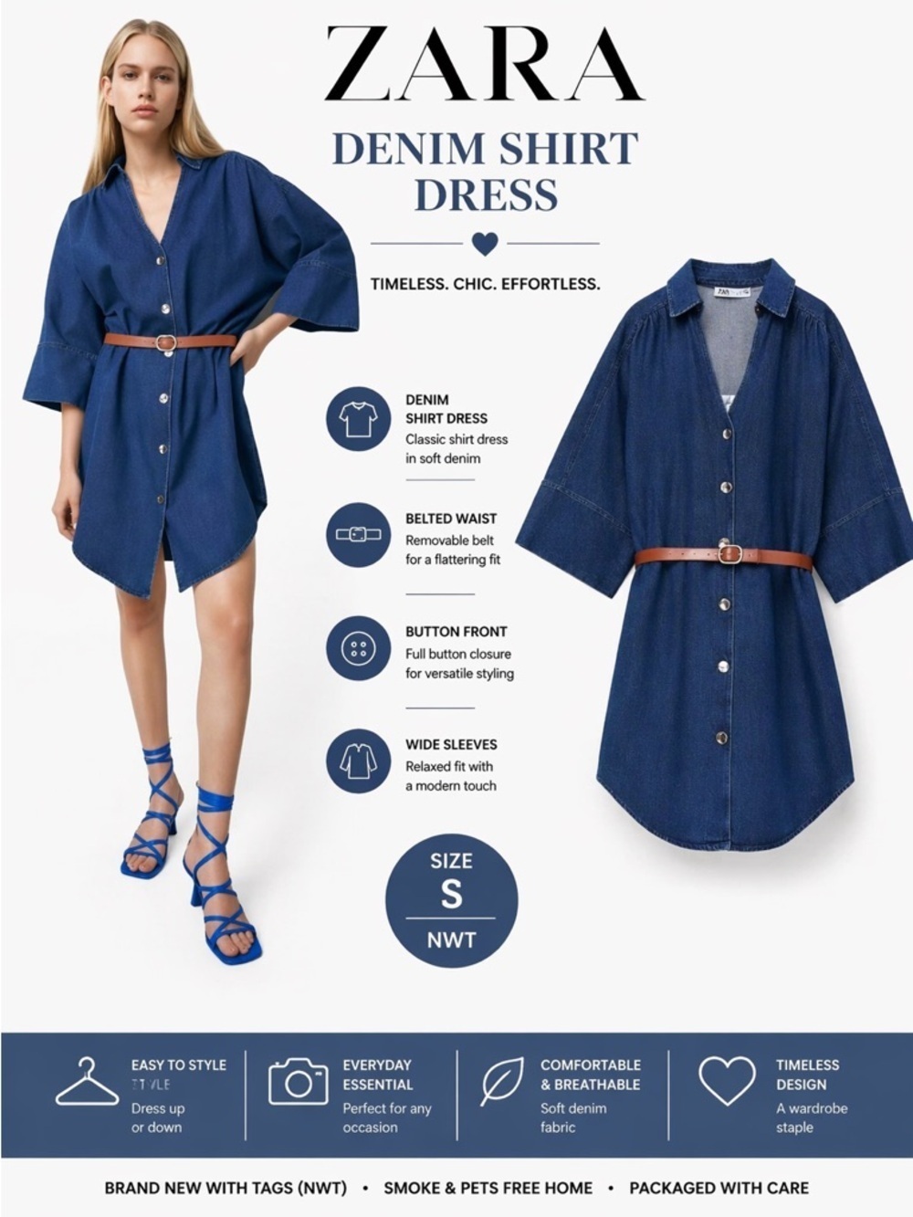 ZARA Blue Denim Shirt Dress Belted NWT Size S